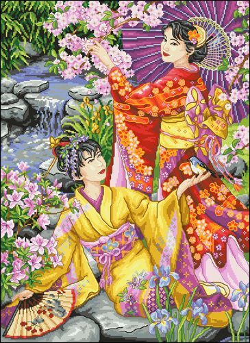 Канва с рисунком арт. А-015 "Японки в саду"" 43,5х58см