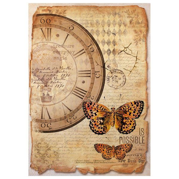 Stamperia Бумага рисовая для декупажа DFSA4241 мини - формат, "Часы и бабочки", 21 х 29,7 см (А4), 2