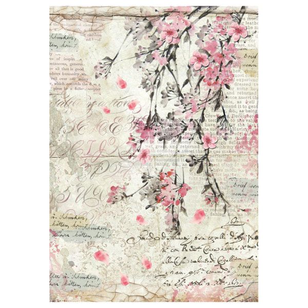 Stamperia Бумага рисовая для декупажа DFSA4228 мини - формат, "Цветы персика и надписи", 21 х 29,7 с
