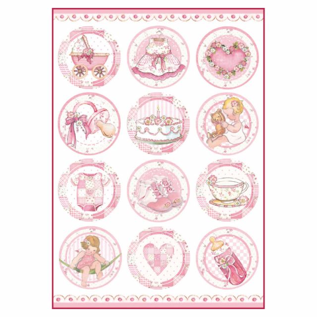 Stamperia Бумага рисовая мини - формат DFSA4289 "Малышка, детские сюжеты с розовым в кругах", 21 х 2