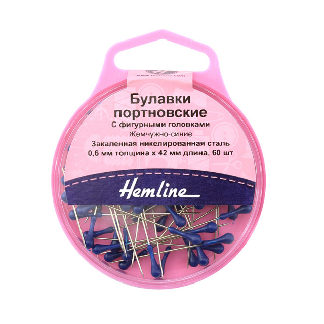 Hemline Булавки портновские с фигурными головками, 42 мм, 60 шт, цвет синий 721