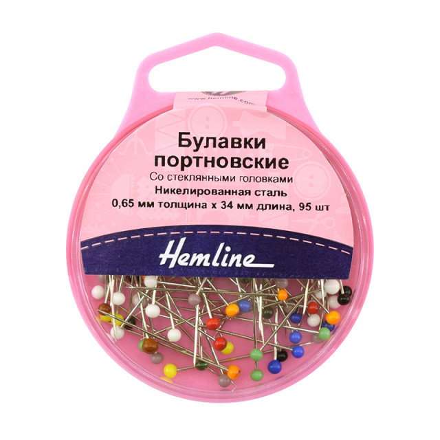 Hemline Булавки портновские со стеклянными головками, 34 мм, 95 шт, разноцветные 679