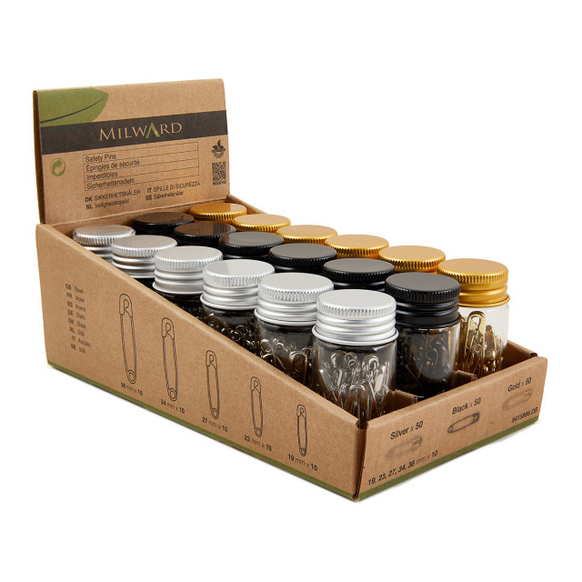 Hemline Булавки английские в стеклянных баночках,, 18 баночек (черный, золотой, серебряный)