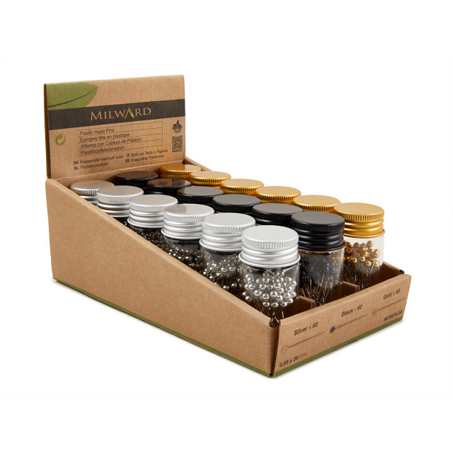 Hemline Булавки портновские с пластиковой головкой в стеклянных баночках,, 18 баночек (черный, золот