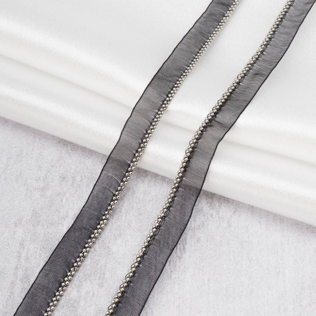 Кант декор. на сетке с металлическими бусинами, 10 мм, 1 м, цв. черный/серебро 7748556